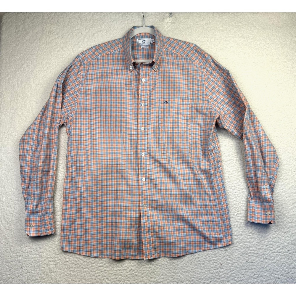 Southern Tide Shirt Mens Large Orange Blue Plaid Button Down Classic Fit Fish